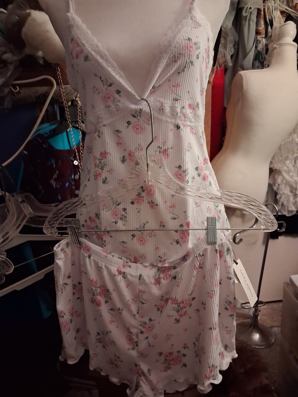 New,Tag,Laura Ashley White & Pink Floral Lace-Trim Cami & Pjs Shorts Set Size M